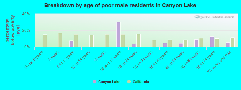 Breakdown by age of poor male residents in Canyon Lake