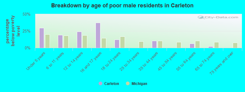Breakdown by age of poor male residents in Carleton