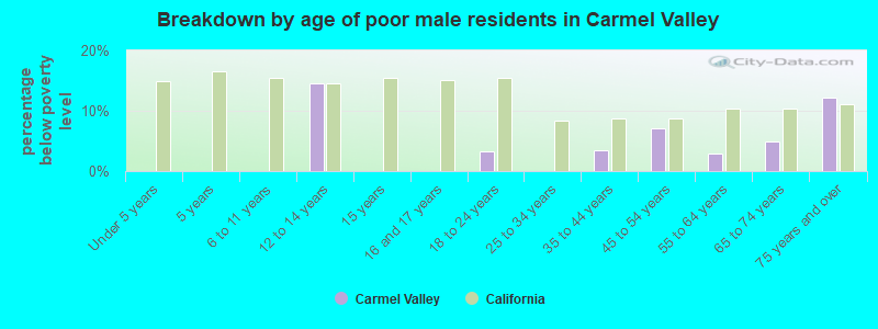 Breakdown by age of poor male residents in Carmel Valley