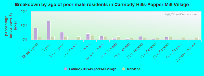 Breakdown by age of poor male residents in Carmody Hills-Pepper Mill Village
