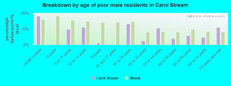 Breakdown by age of poor male residents in Carol Stream