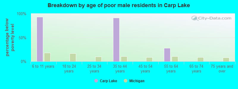 Breakdown by age of poor male residents in Carp Lake