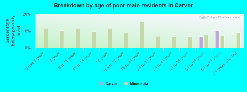 Breakdown by age of poor male residents in Carver