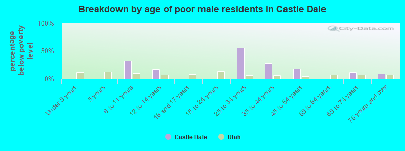 Breakdown by age of poor male residents in Castle Dale