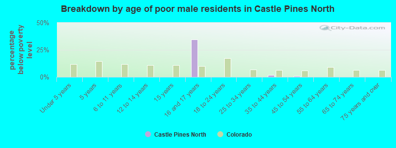 Breakdown by age of poor male residents in Castle Pines North