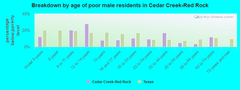 Breakdown by age of poor male residents in Cedar Creek-Red Rock