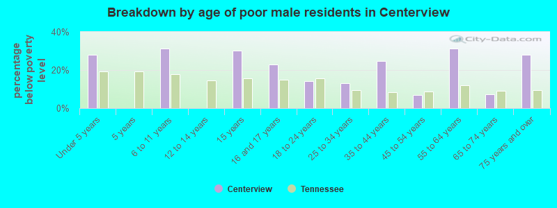 Breakdown by age of poor male residents in Centerview