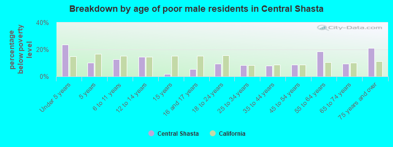 Breakdown by age of poor male residents in Central Shasta