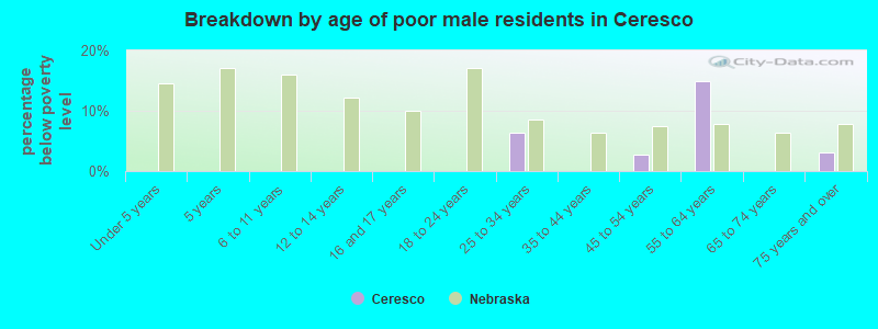 Breakdown by age of poor male residents in Ceresco