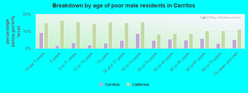 Breakdown by age of poor male residents in Cerritos