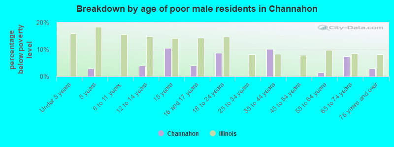 Breakdown by age of poor male residents in Channahon