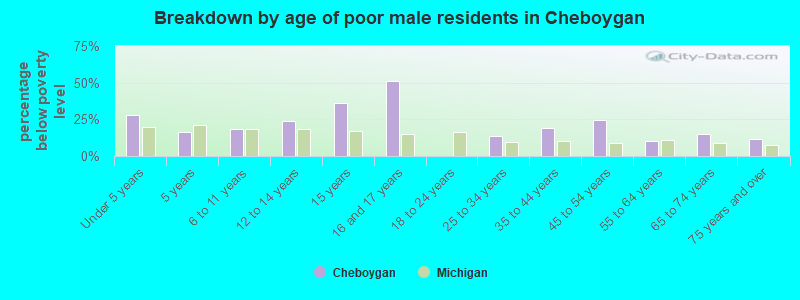 Breakdown by age of poor male residents in Cheboygan