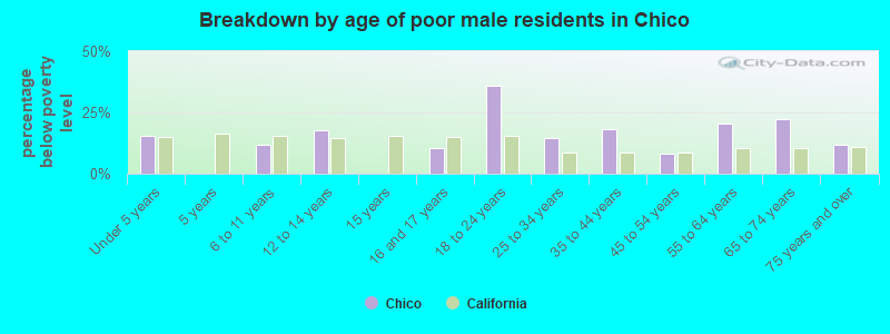 Breakdown by age of poor male residents in Chico