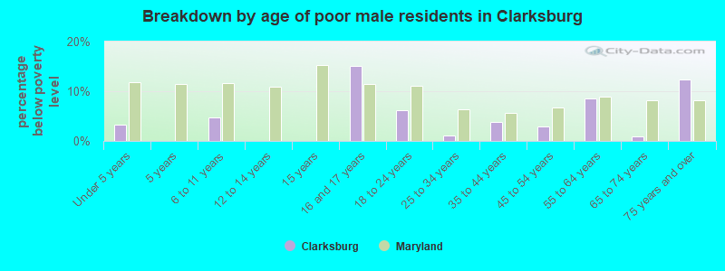 Breakdown by age of poor male residents in Clarksburg