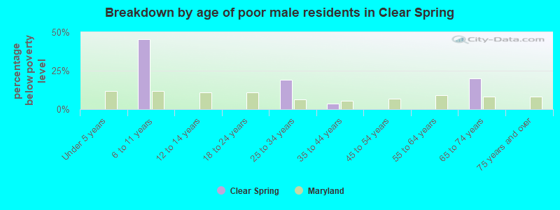 Breakdown by age of poor male residents in Clear Spring