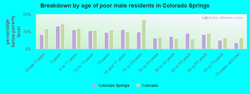 Breakdown by age of poor male residents in Colorado Springs