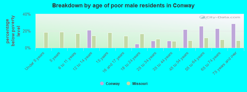 Breakdown by age of poor male residents in Conway
