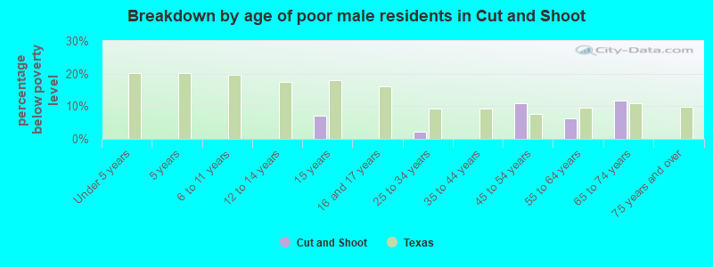 Breakdown by age of poor male residents in Cut and Shoot