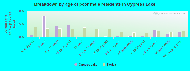 Breakdown by age of poor male residents in Cypress Lake