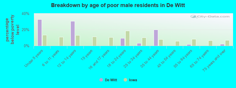 Breakdown by age of poor male residents in De Witt