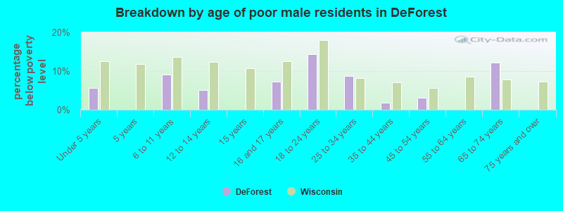 Breakdown by age of poor male residents in DeForest