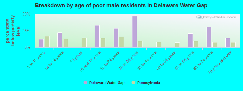 Breakdown by age of poor male residents in Delaware Water Gap
