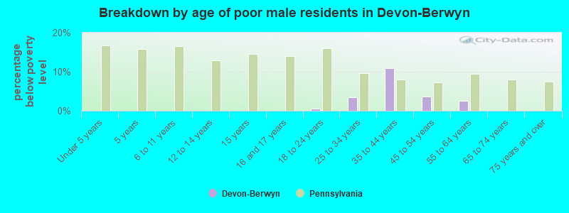 Breakdown by age of poor male residents in Devon-Berwyn