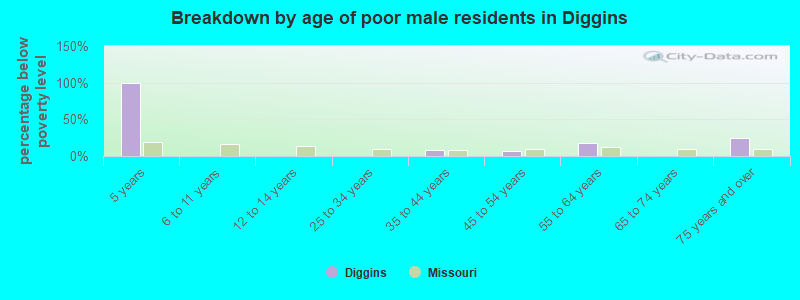 Breakdown by age of poor male residents in Diggins