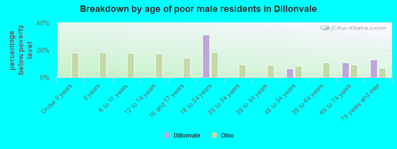 Breakdown by age of poor male residents in Dillonvale