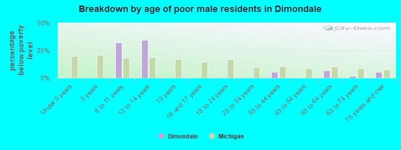 Breakdown by age of poor male residents in Dimondale