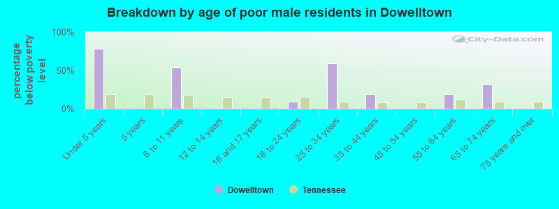 Breakdown by age of poor male residents in Dowelltown
