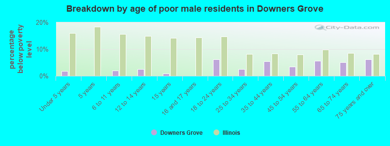 Breakdown by age of poor male residents in Downers Grove