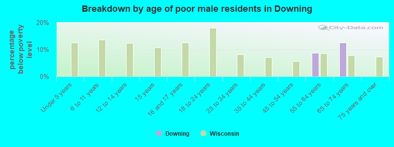 Breakdown by age of poor male residents in Downing