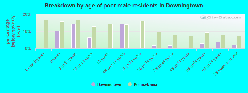 Breakdown by age of poor male residents in Downingtown