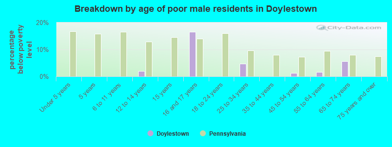 Breakdown by age of poor male residents in Doylestown