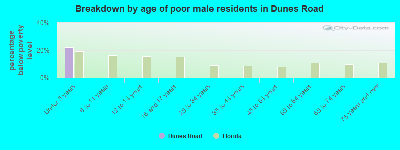 Breakdown by age of poor male residents in Dunes Road