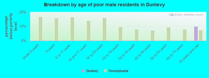 Breakdown by age of poor male residents in Dunlevy