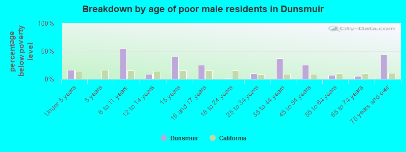 Breakdown by age of poor male residents in Dunsmuir
