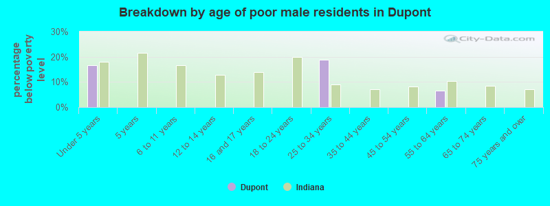Breakdown by age of poor male residents in Dupont