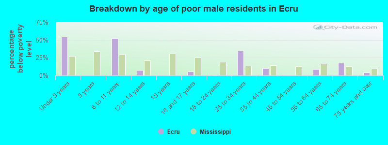 Breakdown by age of poor male residents in Ecru