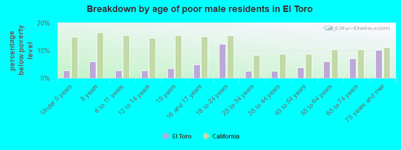 Breakdown by age of poor male residents in El Toro