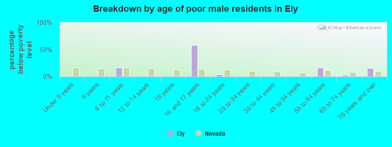 Breakdown by age of poor male residents in Ely