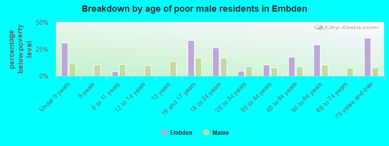 Breakdown by age of poor male residents in Embden
