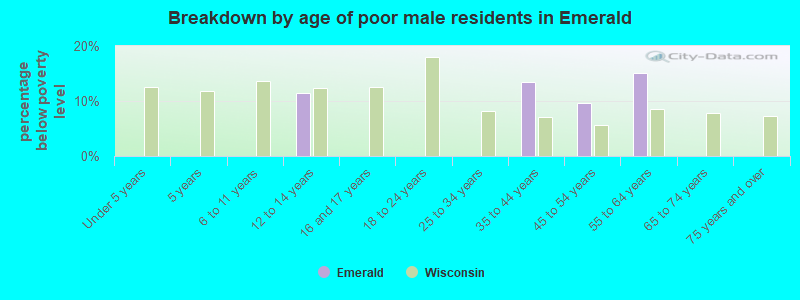 Breakdown by age of poor male residents in Emerald