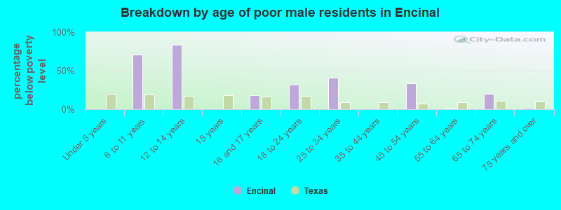 Breakdown by age of poor male residents in Encinal