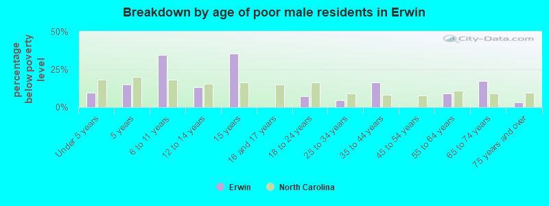 Breakdown by age of poor male residents in Erwin