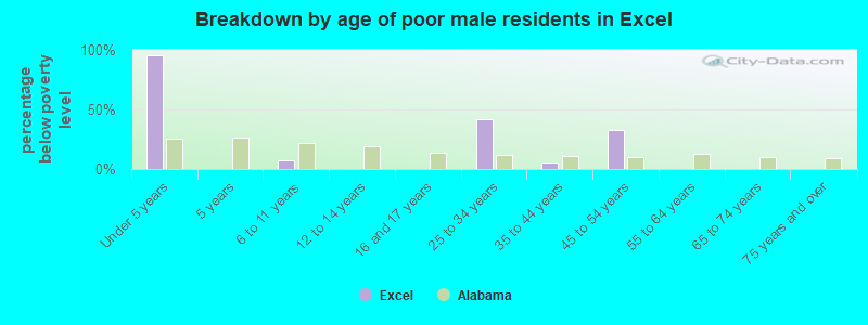 Breakdown by age of poor male residents in Excel