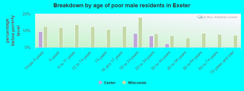 Breakdown by age of poor male residents in Exeter