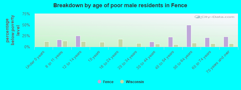 Breakdown by age of poor male residents in Fence