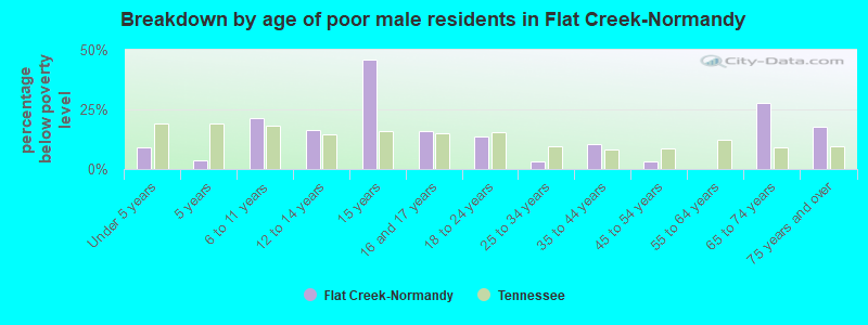 Breakdown by age of poor male residents in Flat Creek-Normandy